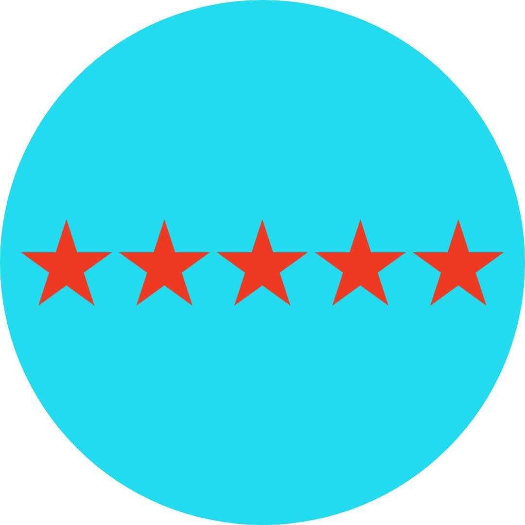 5 star client review image of 5 redstars on a bright blue circle